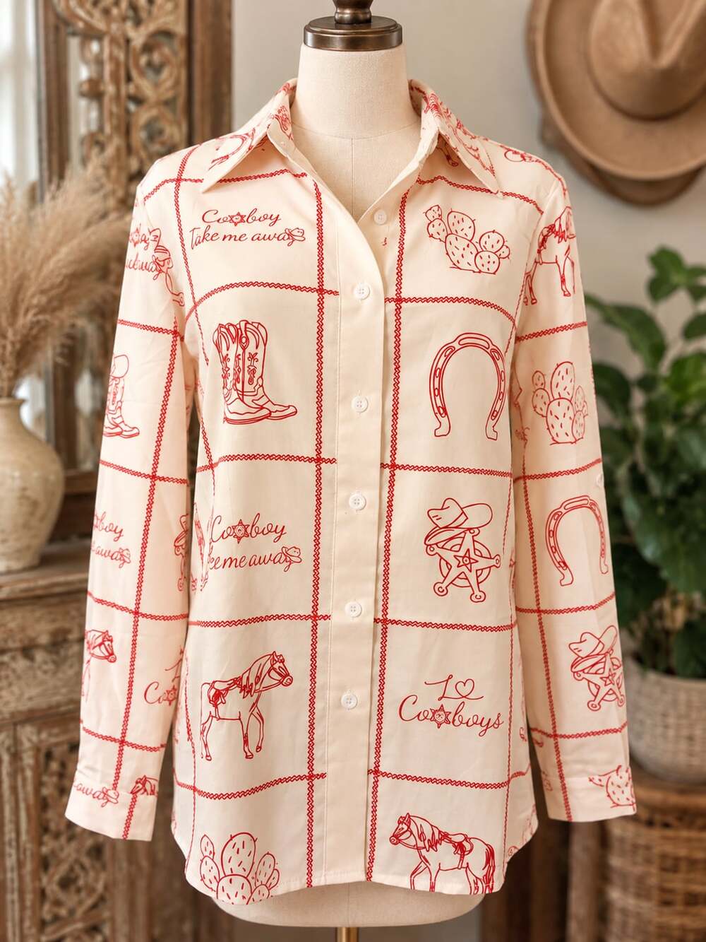 Mymore Cowboy Western Print Button Down Shirt Size S
